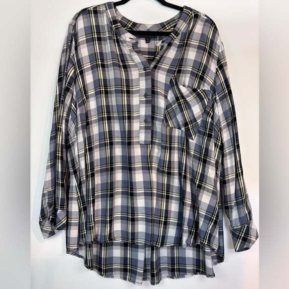 Lane Bryant Plaid Tunic Top Size 28 Blue Gray Black Rayon Long Sleeve - Picture 8 of 16